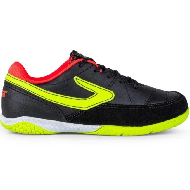 Chuteira Futsal Infantil Topper Titanium - Preto+Coral+Amarelo